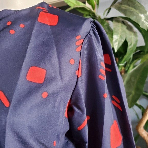 Vintage 80s Navy Blue & Red Abstract Geometric The Shirt Dress Puff Sleeves Midi - Picture 7 of 9